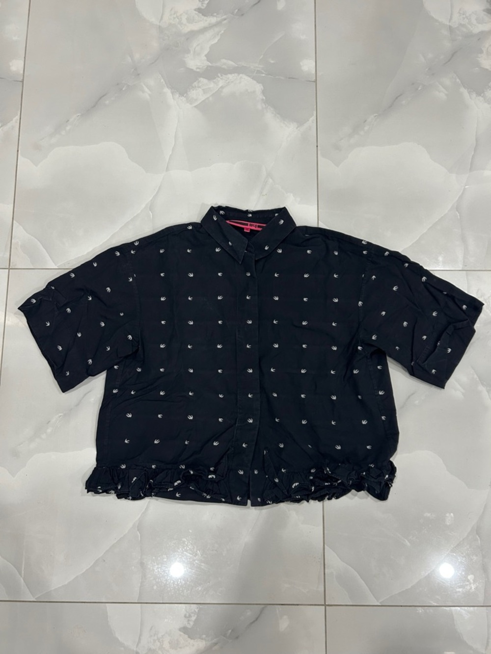 McQ by Alexander McQueen Black Short-Sleeve Button-Down with White Bird Motif
